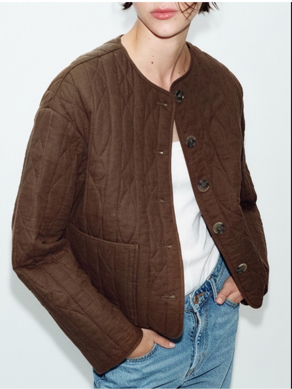 NWT Zara Rustic Quilted Linen Jacket Sz:S Brown